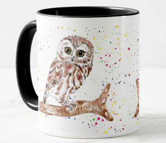 Owl Bird Animal Watercolour  Art Coloured Mug Cup