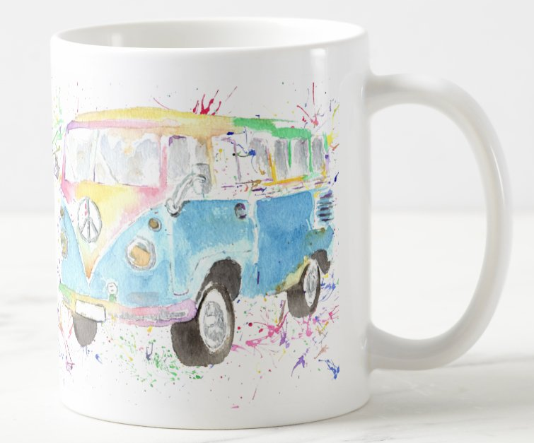 Campervan Camper Holiday Watercolour Rainbow Art Coloured Mug Cup