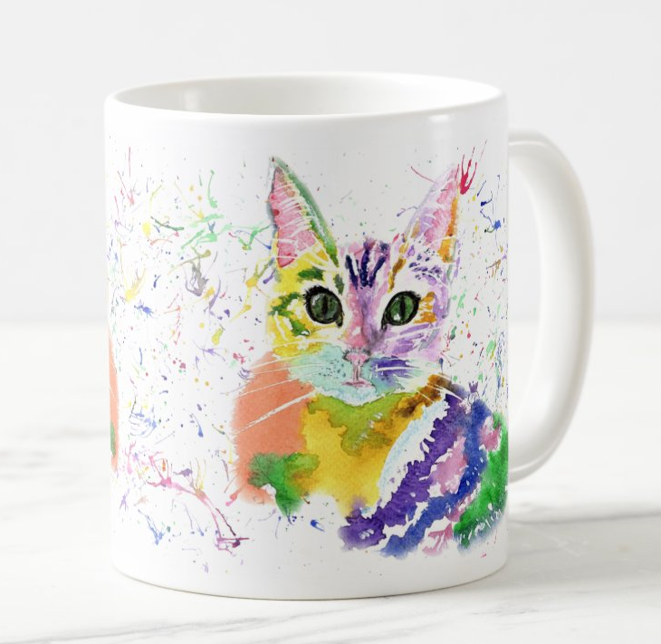 Kitten Cat Feline Animal Watercolour Rainbow Art Coloured Mug Cup