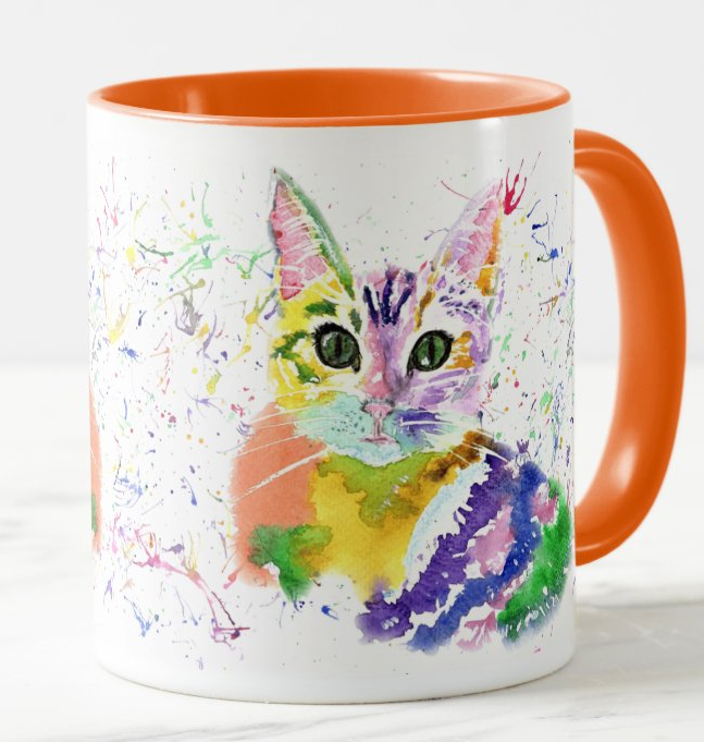 Kitten Cat Feline Animal Watercolour Rainbow Art Coloured Mug Cup