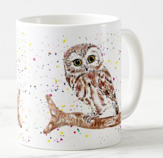 Owl Bird Animal Watercolour  Art Coloured Mug Cup