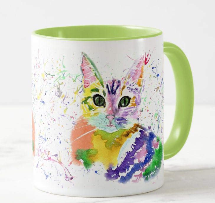 Kitten Cat Feline Animal Watercolour Rainbow Art Coloured Mug Cup