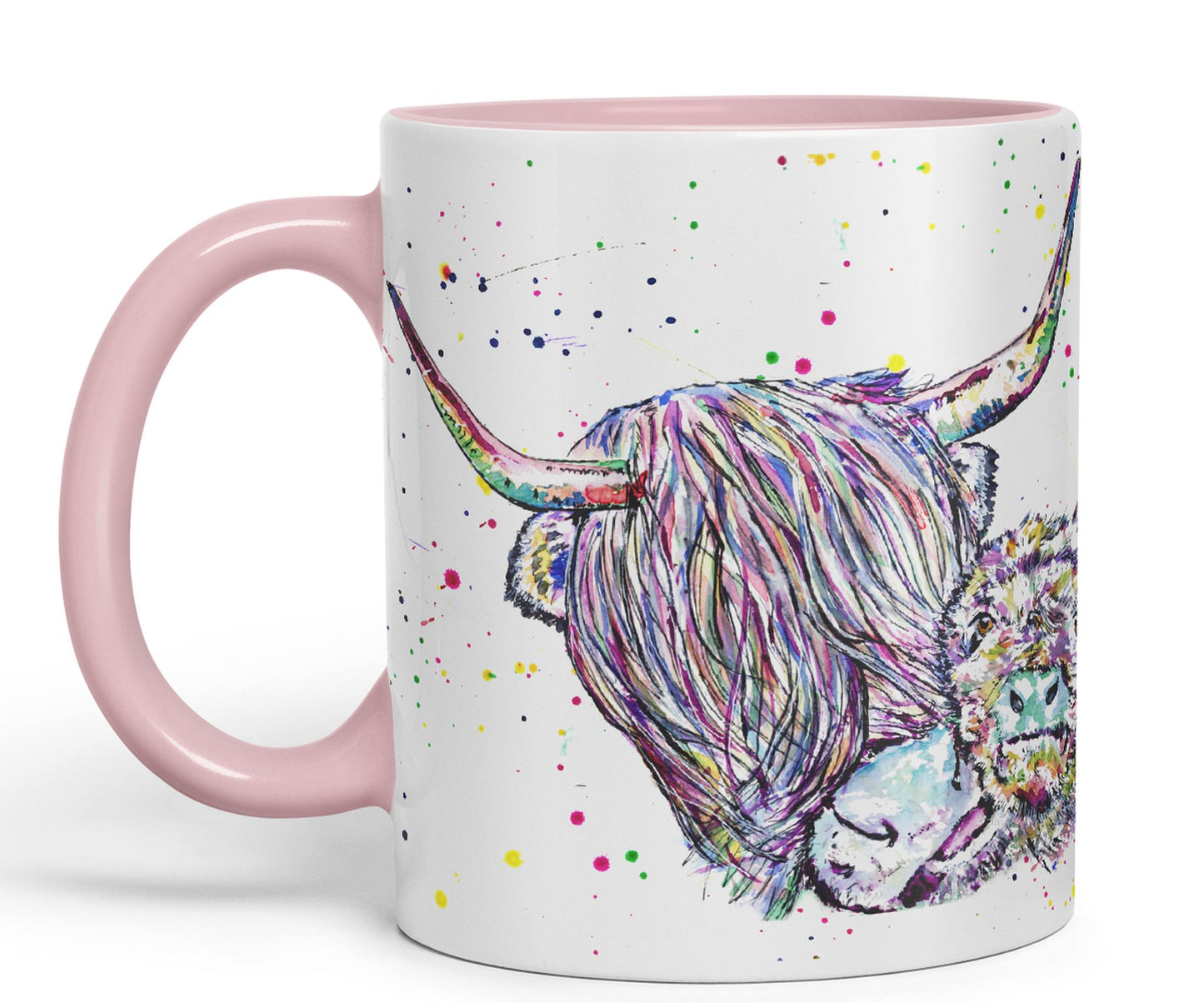 Highland Cow Scottish with Calf Baby Farm Animals Watercolour Rainbow Art Coloured Mug Cup new design