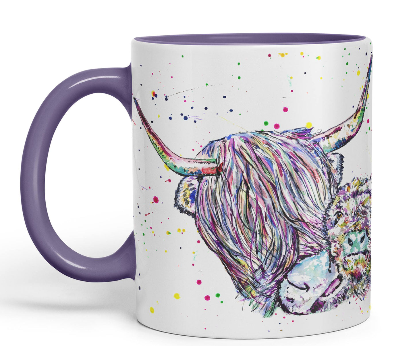 Highland Cow Scottish with Calf Baby Farm Animals Watercolour Rainbow Art Coloured Mug Cup new design