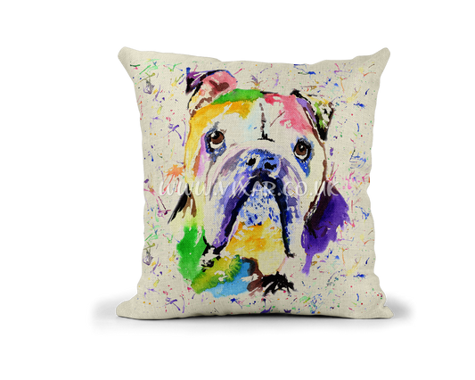 Bully British Bulldog dog pet animals Watercolour Rainbow Linnen Cushion With filling or cover only, 40x40cm