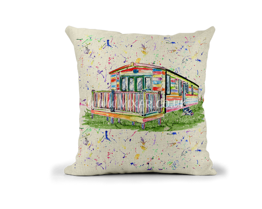 Caravan Static Holiday Home Watercolour Rainbow Linnen Cushion With filling or cover only, 40x40cm