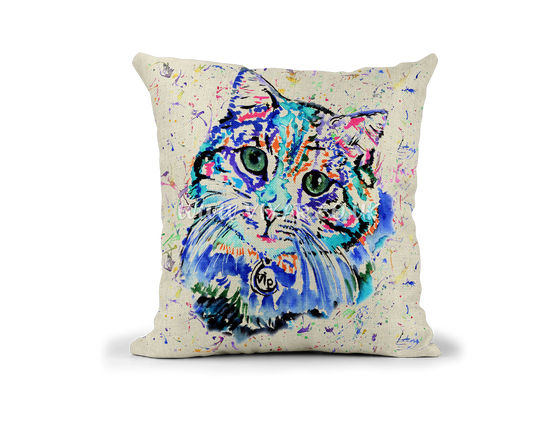 Cat Blue Feline Pet animals Watercolour Rainbow Linnen Cushion With filling or cover only, 40x40cm