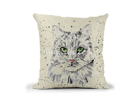 Cat Black white Green eyes Feline Pet Animals Watercolour Rainbow Linnen Cushion With filling or cover only, 40x40cm