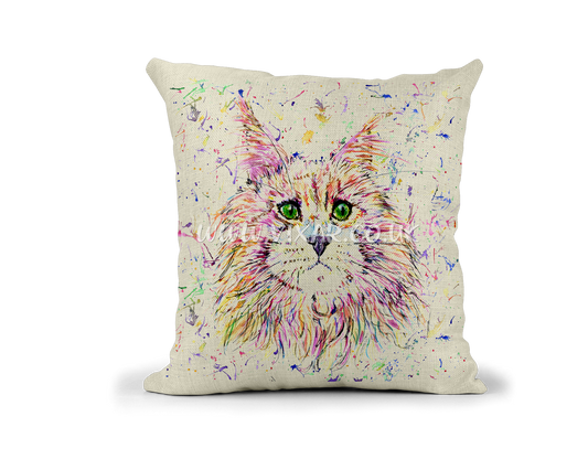 Maine Coon Cat Kitten Feline Pet animals Watercolour Rainbow Linnen Cushion With filling or cover only, 40x40cm