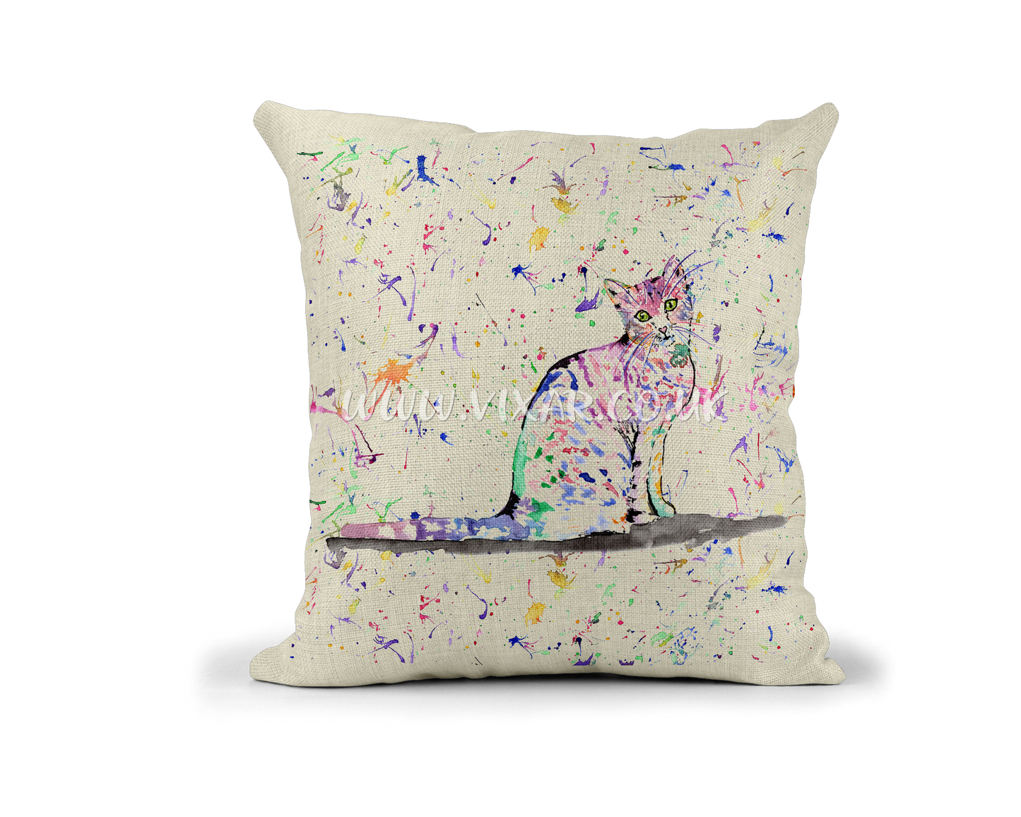 Cat Kitten on the branch Feline Pet animals Watercolour Rainbow Linnen Cushion With filling or cover only, 40x40cm