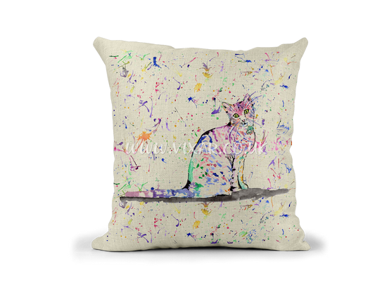 Cat Kitten on the branch Feline Pet animals Watercolour Rainbow Linnen Cushion With filling or cover only, 40x40cm