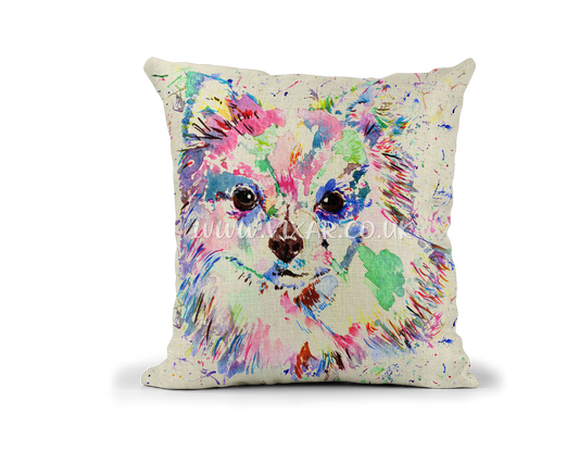 Chihuahua Long Hair Dog Pet animals Watercolour Rainbow Linnen Cushion With filling or cover only, 40x40cm