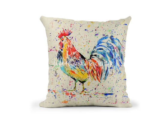 Cockerel Rooster Chicken Farm animals Watercolour Rainbow Linnen Cushion With filling or cover only, 40x40cm