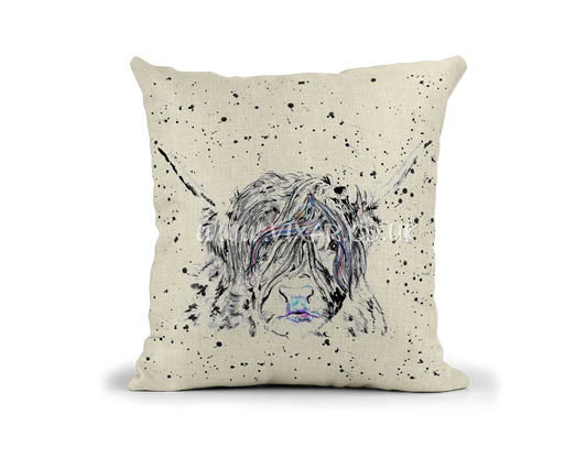 Scottish Highland Cow Black - White Farm animals Watercolour Rainbow Linnen Cushion With filling or cover only, 40x40cm