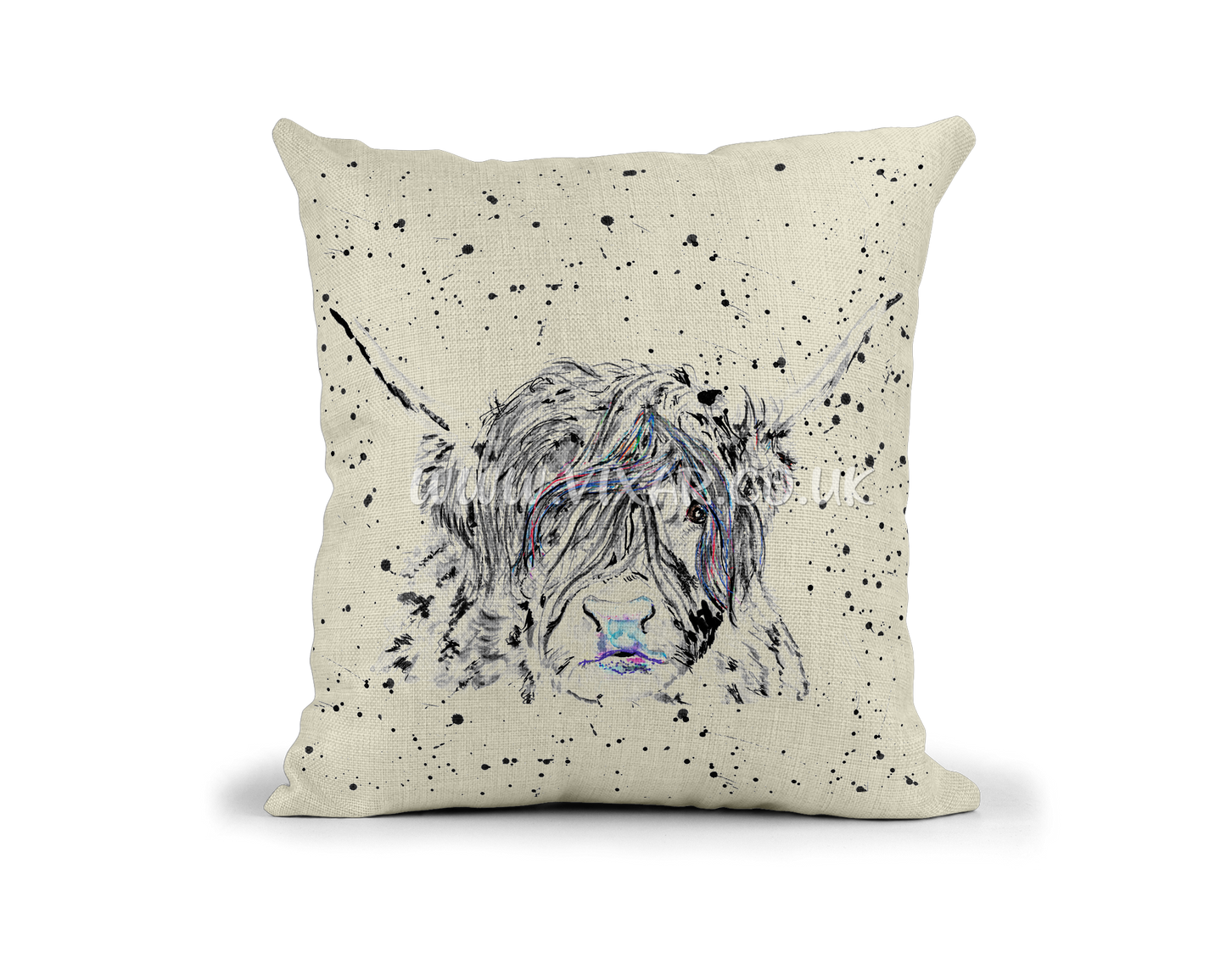 Scottish Highland Cow Black - White Farm animals Watercolour Rainbow Linnen Cushion With filling or cover only, 40x40cm