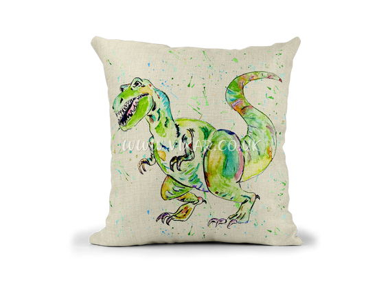 Dinosaur T-Rex Green Tyrannosaurus Watercolour Linnen Cushion With filling or cover only, 40x40cm