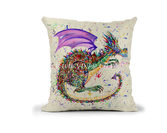 Dragon Mythical Lizard Reptile Legendary Creatures Watercolour Rainbow Linnen Cushion With filling or cover only, 40x40cm