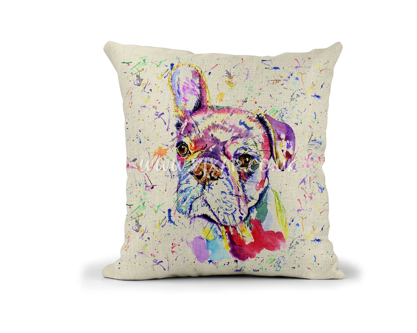 Frenchie Pup French Bulldog  Dog Pet animals Watercolour Rainbow Linnen Cushion With filling or cover only, 40x40cm