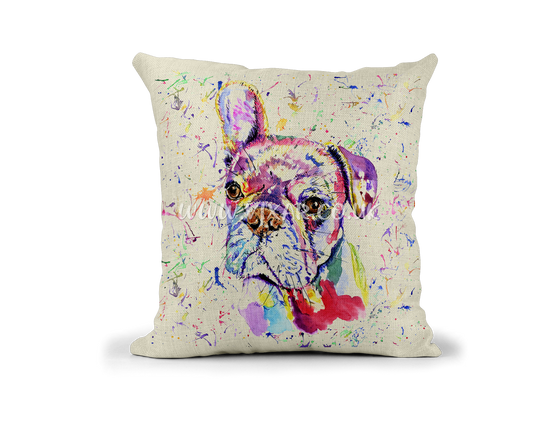 Frenchie Pup French Bulldog  Dog Pet animals Watercolour Rainbow Linnen Cushion With filling or cover only, 40x40cm