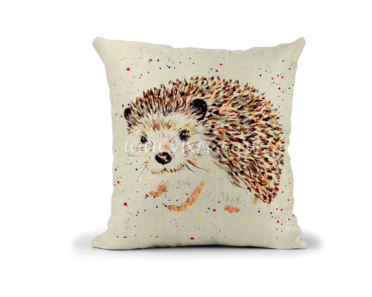 Hedgehog Hand painted wildlife animals Watercolour Linnen Cushion With filling or cover only, 40x40cm
