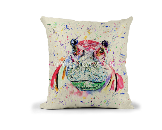 Hippo Hippopotamus safari animals wildlife Watercolour Rainbow Linnen Cushion With filling or cover only, 40x40cm