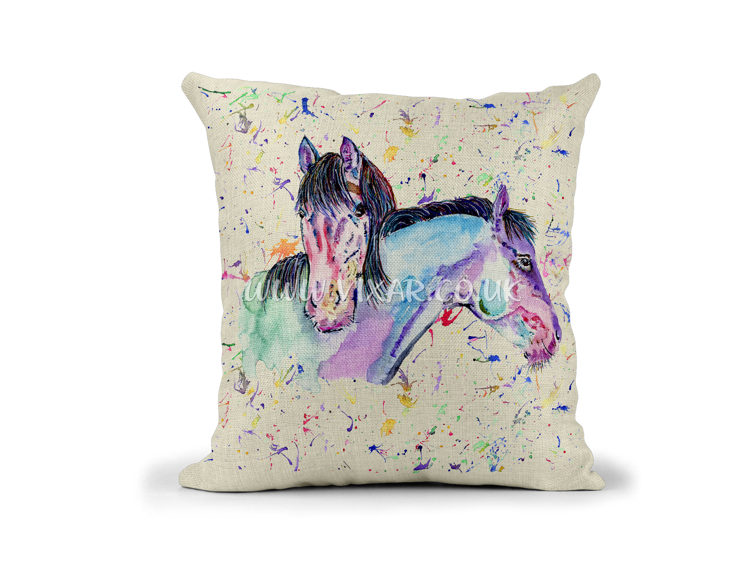 Horse x 2 Farm animals Watercolour Rainbow Linnen Cushion With filling or cover only, 40x40cm