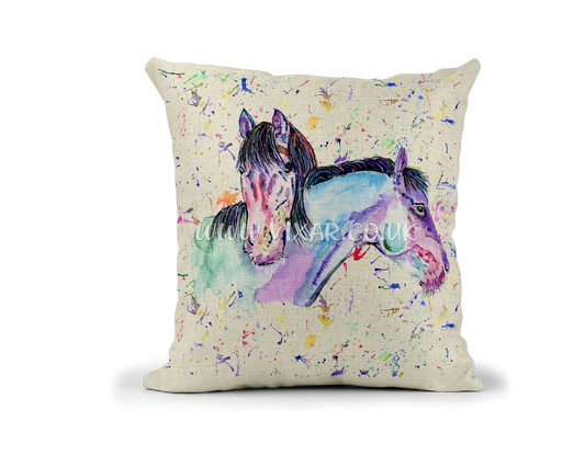 Horse x 2 Farm animals Watercolour Rainbow Linnen Cushion With filling or cover only, 40x40cm