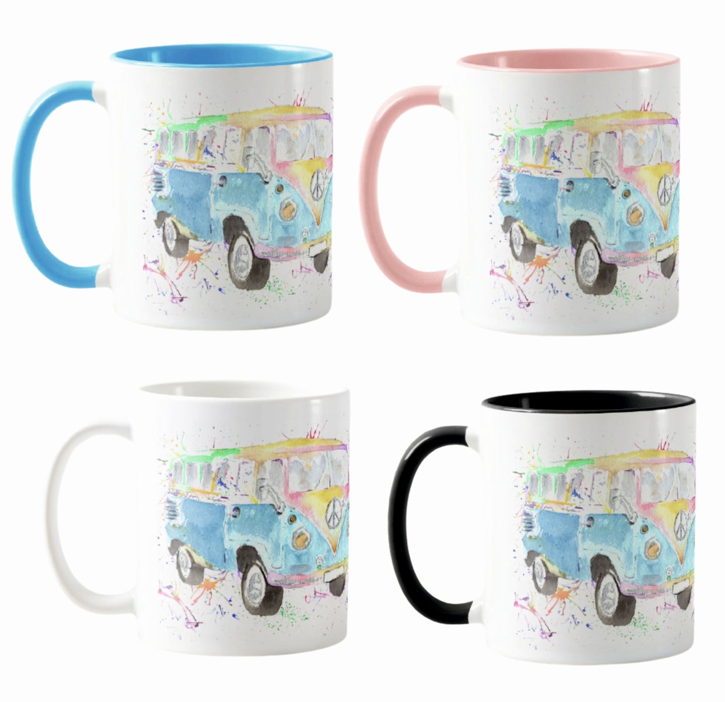 Campervan Camper Holiday Watercolour Rainbow Art Coloured Mug Cup