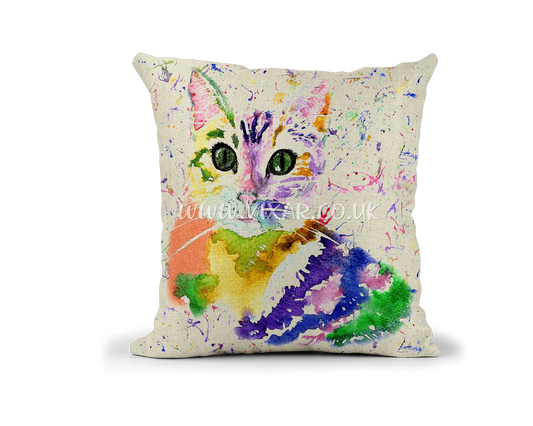 Cat Kitten Feline Pet animals Watercolour Rainbow Linnen Cushion With filling or cover only, 40x40cm