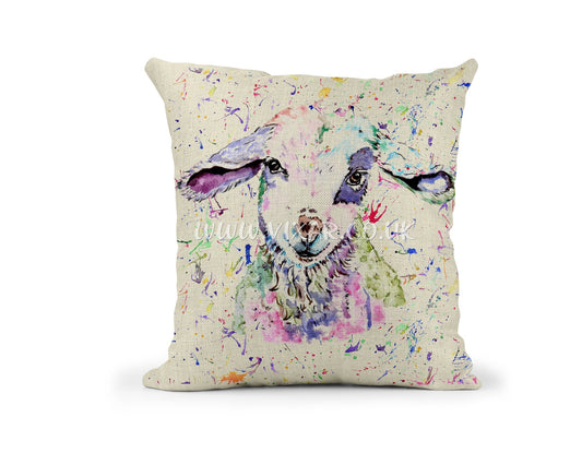 Lamb baby small sheep Farm animals Watercolour Rainbow Linnen Cushion With filling or cover only, 40x40cm