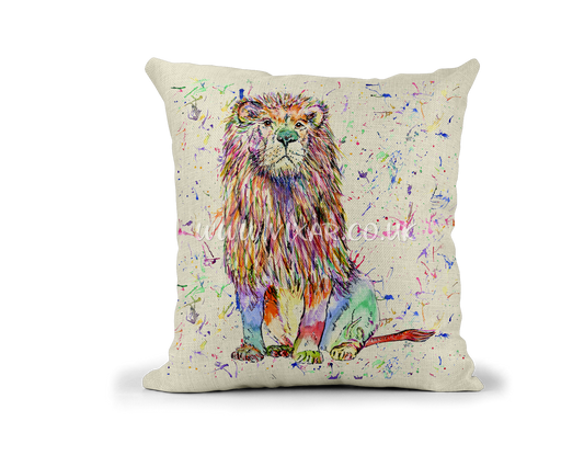 Lion King animals Big Cat safari wildlife Watercolour Rainbow Linnen Cushion With filling or cover only, 40x40cm