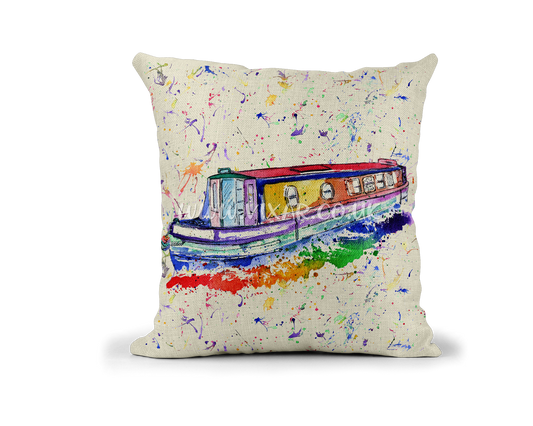 Narrow Boat Canal Watercolour Rainbow Linnen Cushion With filling or cover only, 40x40cm