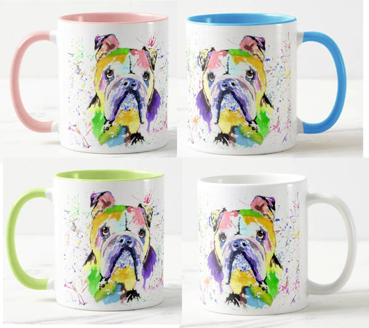 Bully British Bulldog Dog Pet  Animals Watercolour Rainbow Art Coloured Mug Cup