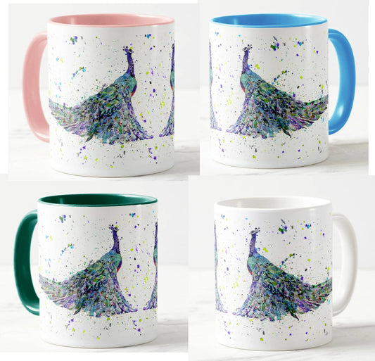 Peacock Bird Animals Watercolour Rainbow Art Coloured Mug Cup