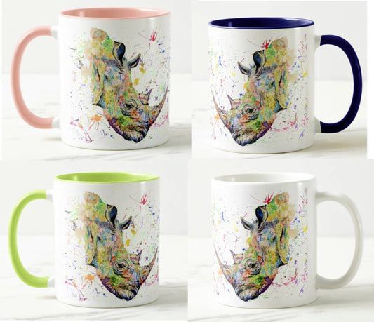 Rhino Wild Animals Watercolour Rainbow Art Coloured Mug Cup