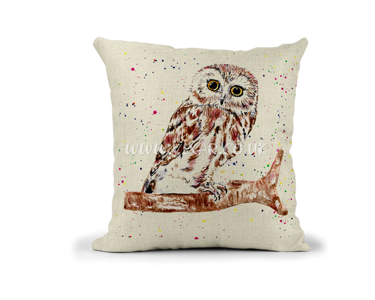 Owl hand painted Bird animals Watercolour Linnen Cushion With filling or cover only, 40x40cm