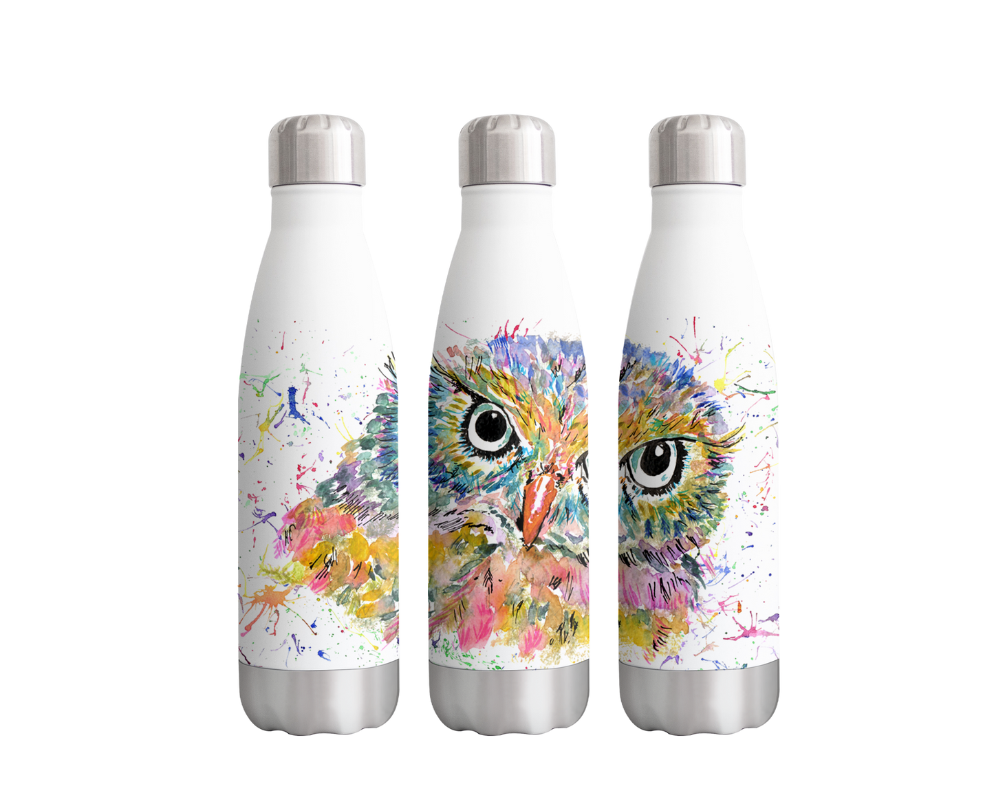 Owl Wildlife Animals Watercolour Rainbow Art Bottle  500ml