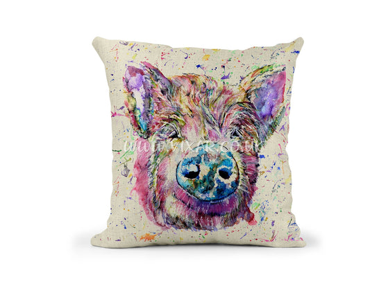 Pig swine hog Farm animals Watercolour Rainbow Linnen Cushion With filling or cover only, 40x40cm