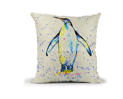 Penguin winter Bird animals Watercolour Rainbow Linnen Cushion With filling or cover only, 40x40cm