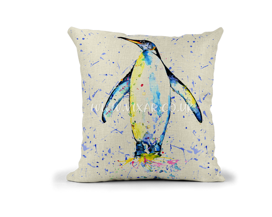 Penguin winter Bird animals Watercolour Rainbow Linnen Cushion With filling or cover only, 40x40cm