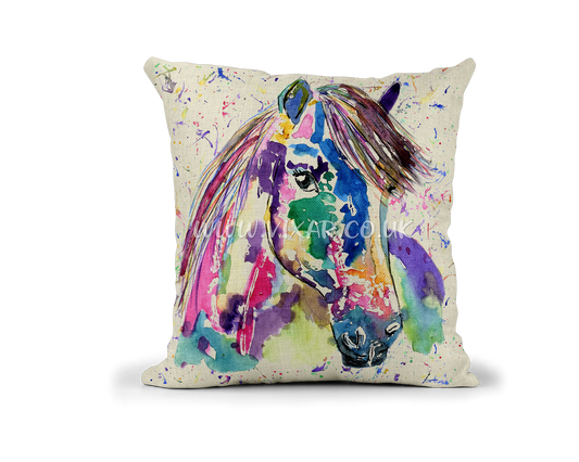 Pony Small Horse Farm animals Watercolour Rainbow Linnen Cushion With filling or cover only, 40x40cm