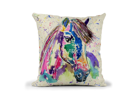 Pony Small Horse Farm animals Watercolour Rainbow Linnen Cushion With filling or cover only, 40x40cm