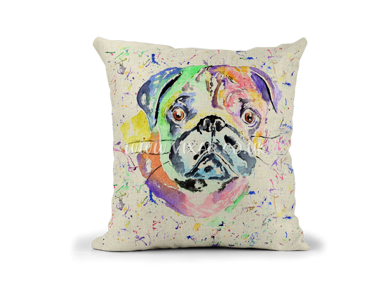 Pug Chinese Dog Pet animals Watercolour Rainbow Linnen Cushion With filling or cover only, 40x40cm