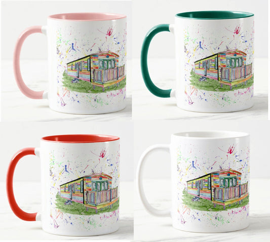 Caravan Static Holiday Home Watercolour Rainbow Art Coloured Mug Cup