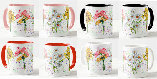 Flowers Daises Sunflower Gerber Daffodil Watercolour Rainbow Art Coloured Mug Cup