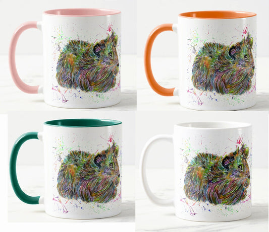 Guinea Pig Long Haired Pet Animals Watercolour Rainbow Art Coloured Mug Cup