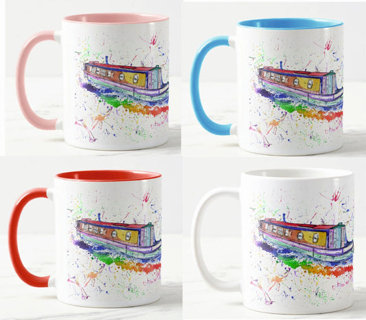Narrowboat Canal Boat Watercolour Rainbow Art Coloured Mug Cup