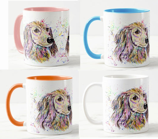 Dachshund Long haired Sausage Wierner Dog Pet Animals Watercolour Rainbow Art Coloured Mug Cup