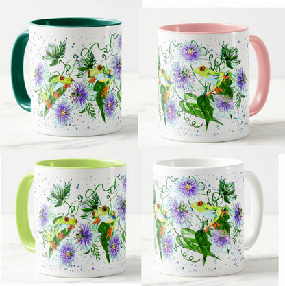 Frog in Flowers Passion flower Amphibians Animals Watercolour Rainbow Art Coloured Mug Cup