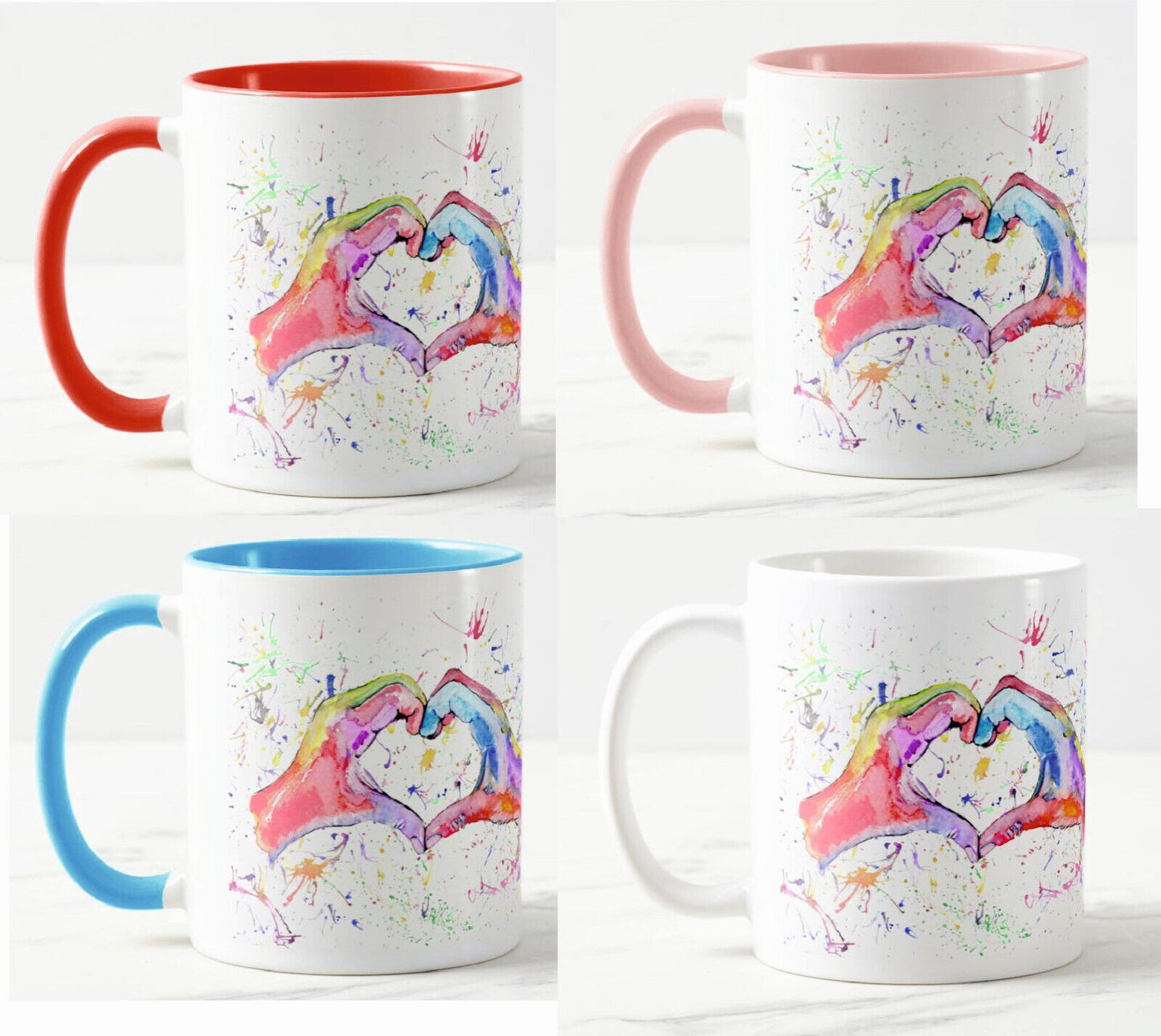 Hand Heart Watercolour Rainbow Art Coloured Mug Cup